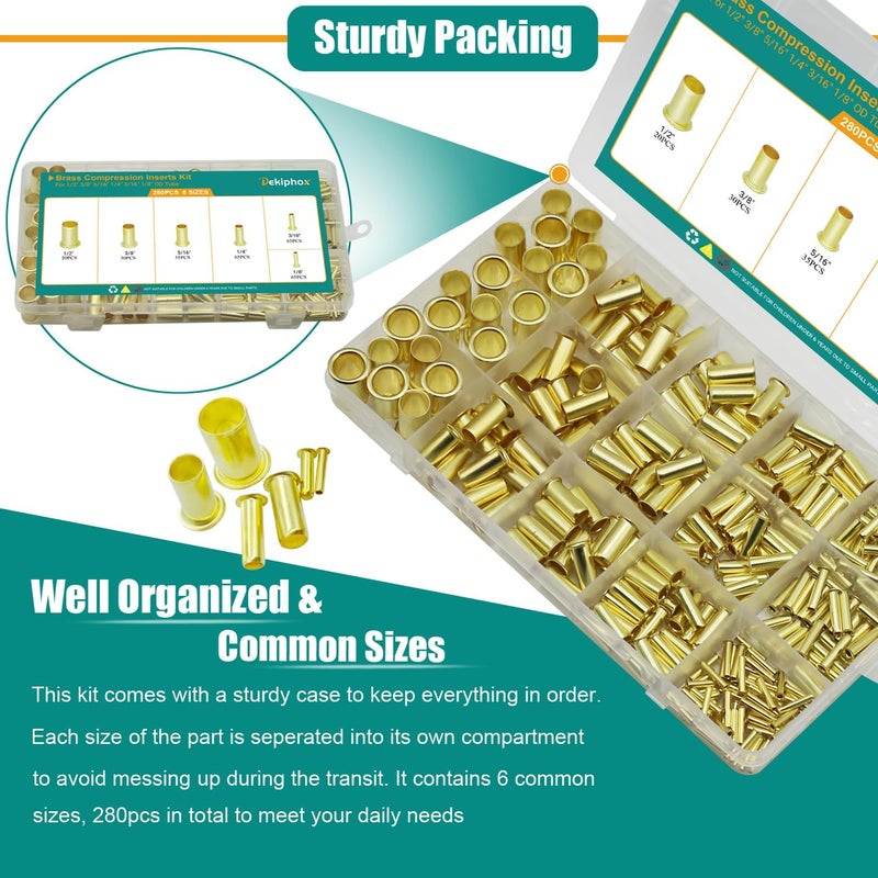 Dekiphox 280PCS Brass Compression Insert，for Tube OD 1/8" 3/16" 1/4" 5/16'' 3/8" 1/2", Insert Tube Compression Sleeve Fitting Assortment Kit - Image 3